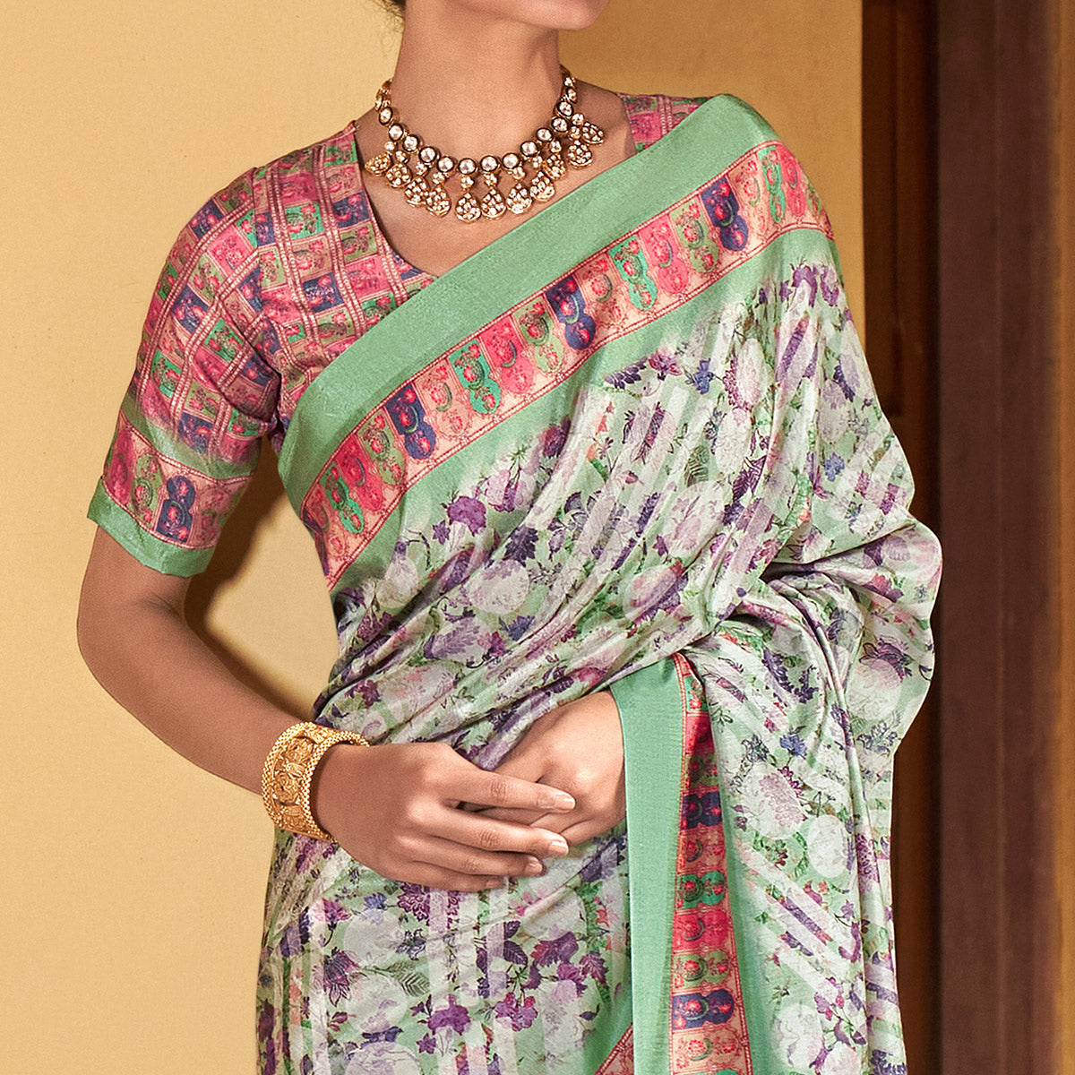 green-digital-printed-satin-saree