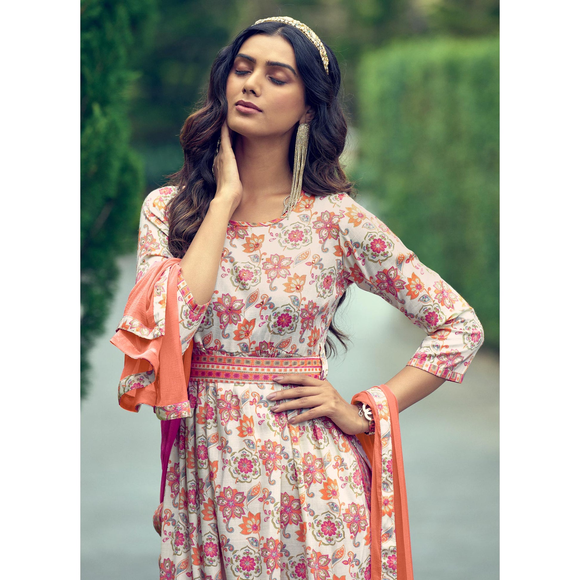 Cream Printed With Mirror Work Rayon Naira Cut Suit