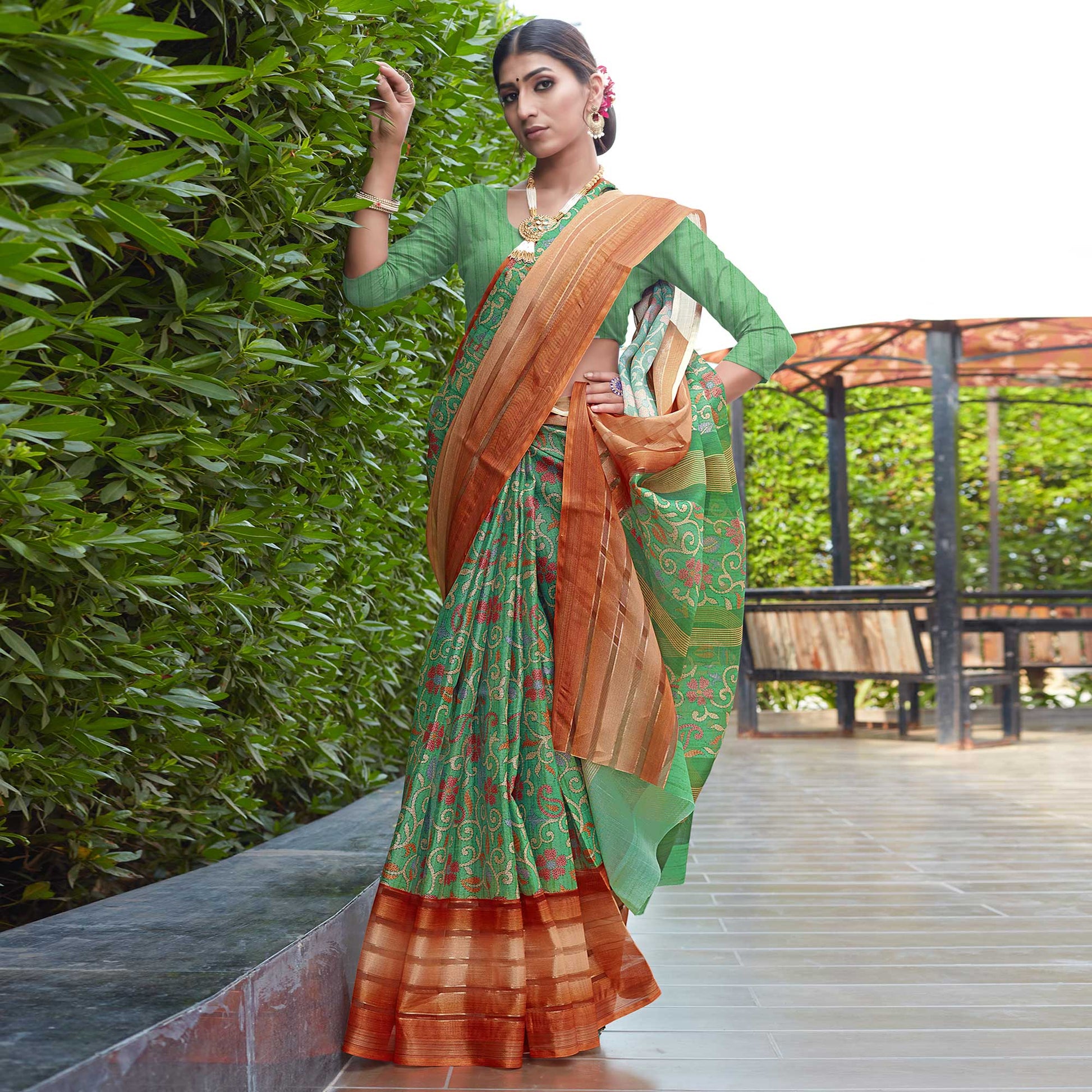 green-floral-digital-printed-poly-cotton-saree