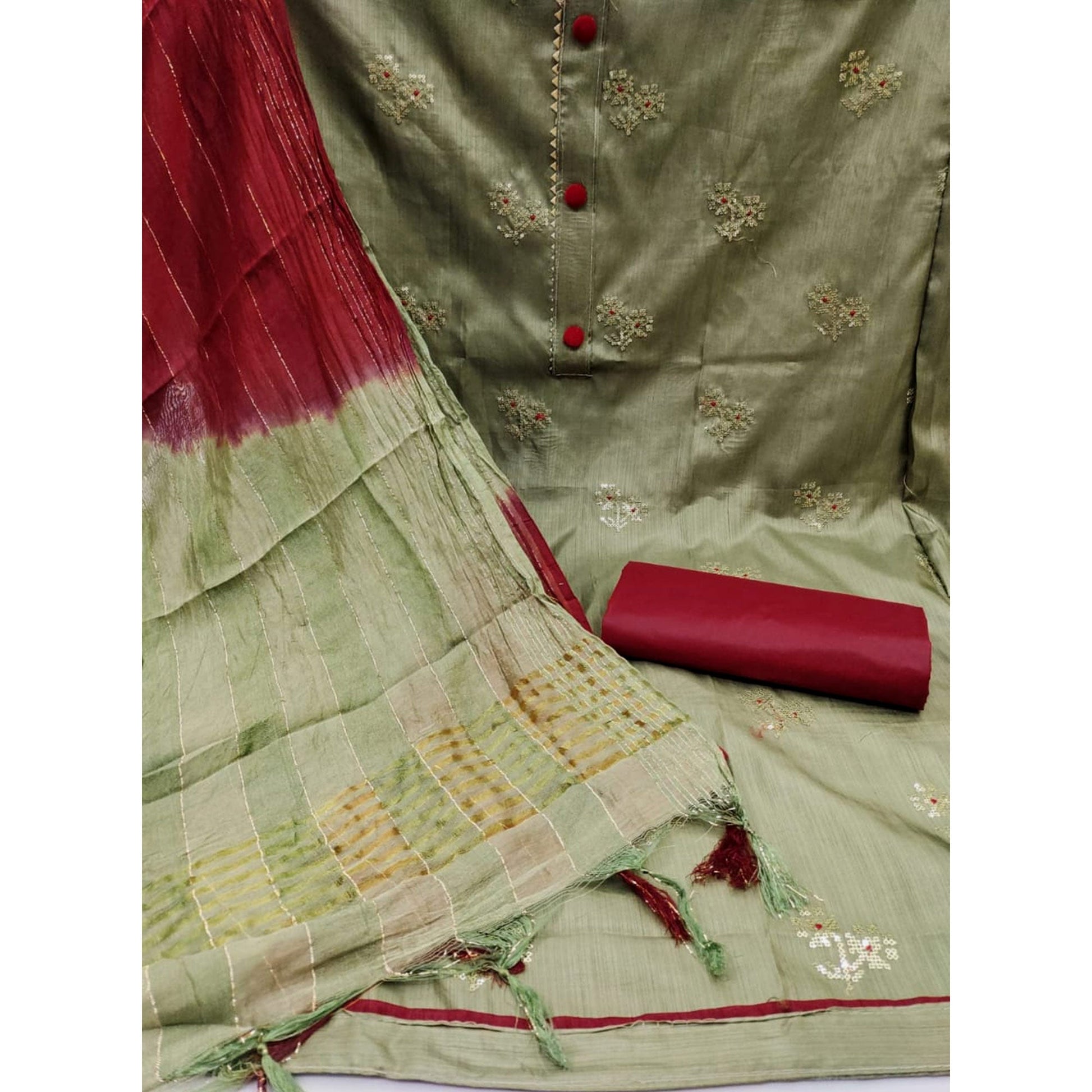 Mehendi Green Floral Sequins Embroidered Art Silk Dress Material