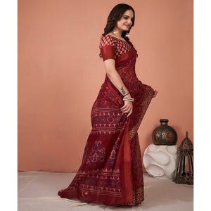 Maroon Printed Cotton Saree With Tassels