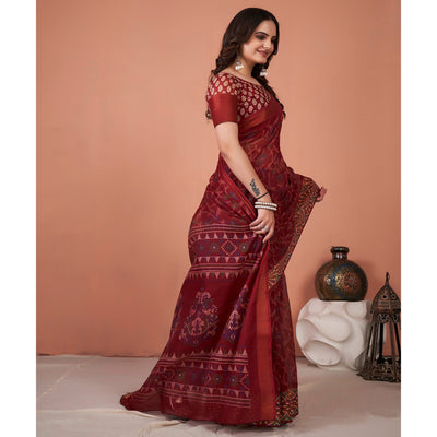 Maroon Printed Cotton Saree With Tassels