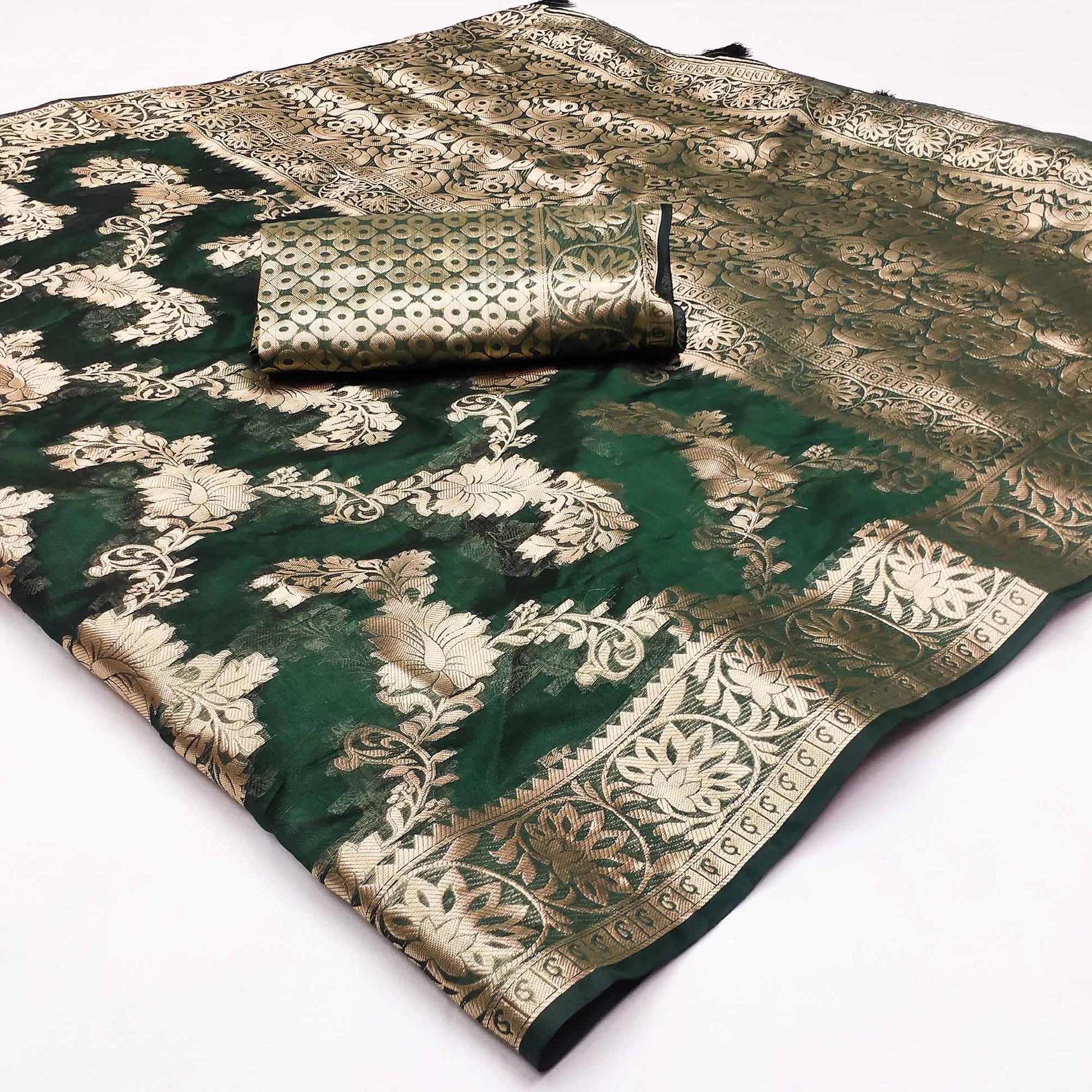 Bottle Green Floral Woven Art Silk Saree With Tassels