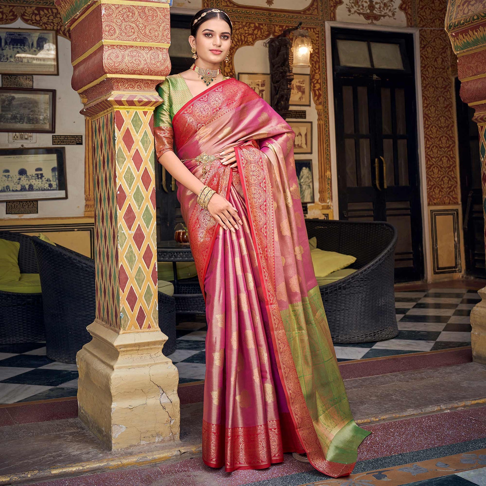 Magenta Pink Woven Tissue Saree