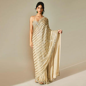 Cream Sequins Embroidered Georgette Saree