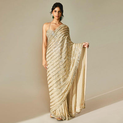 Cream Sequins Embroidered Georgette Saree