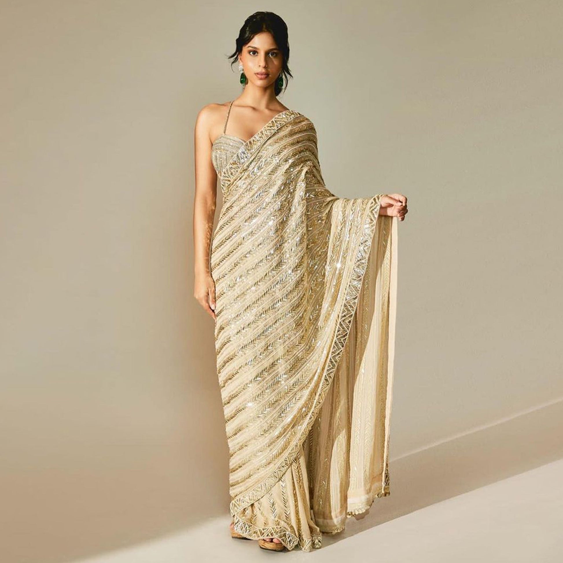 Cream Sequins Embroidered Georgette Saree