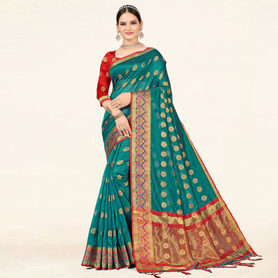 Dark Cyan Woven Organza Saree With Tassels