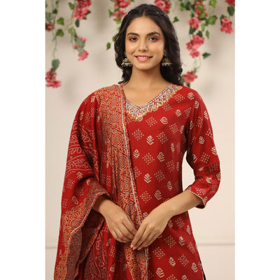 Maroon Jaipuri Printed With Gota Work Chanderi Salwar Suit
