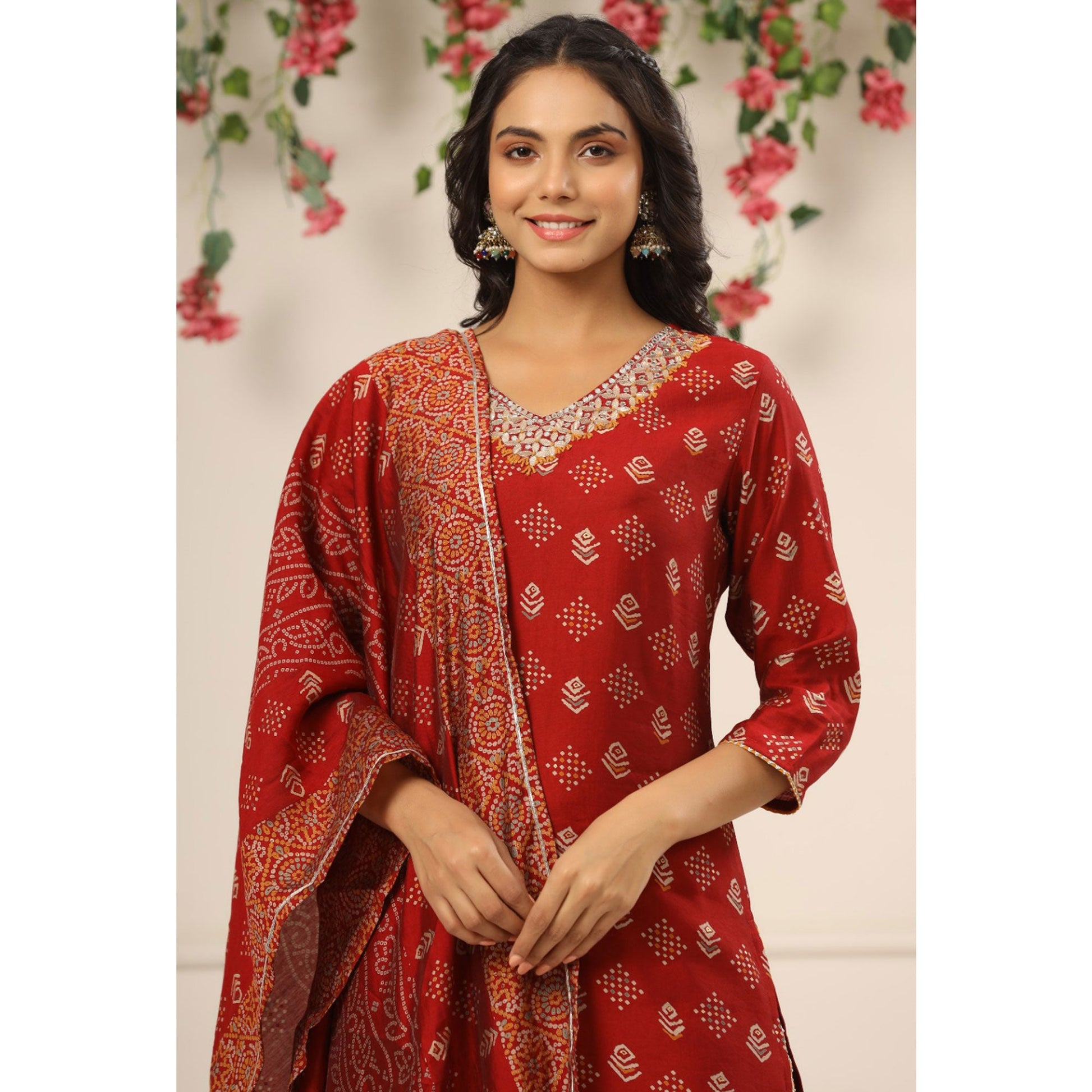 Maroon Jaipuri Printed With Gota Work Chanderi Salwar Suit