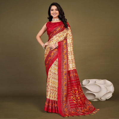 Cream Printed Jute Patola Saree With Tassels