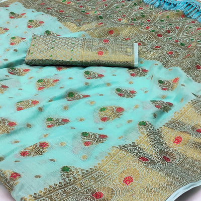 Blue Woven Cotton Blend Saree With Tassels