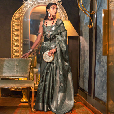 Grey Woven Organza Saree With Tassels