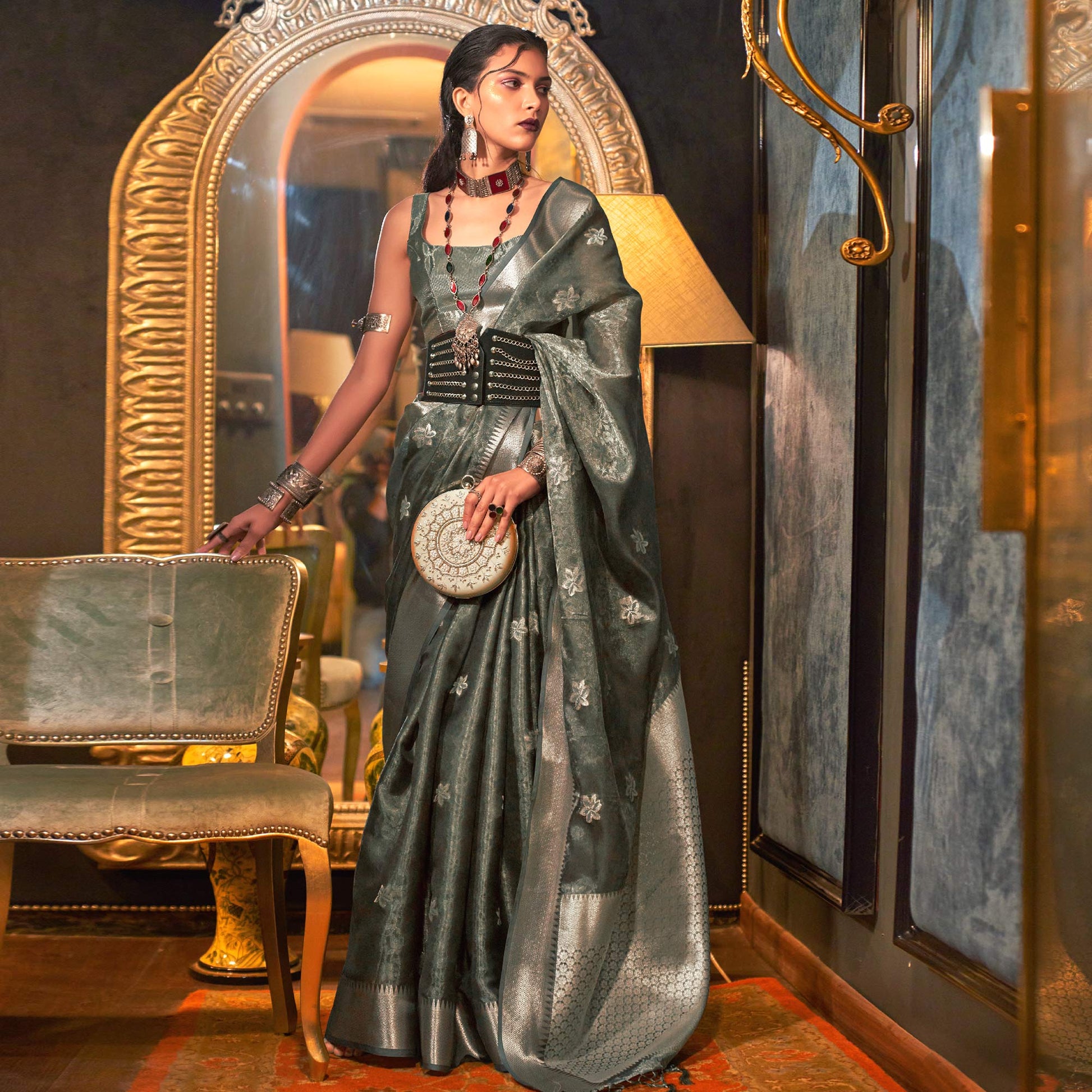 Grey Woven Organza Saree With Tassels