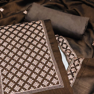 Coffee Brown Embroidered Modal Dress Material