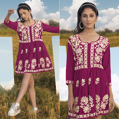 Magenta Pink Lucknowi Embroidered Rayon Tunic