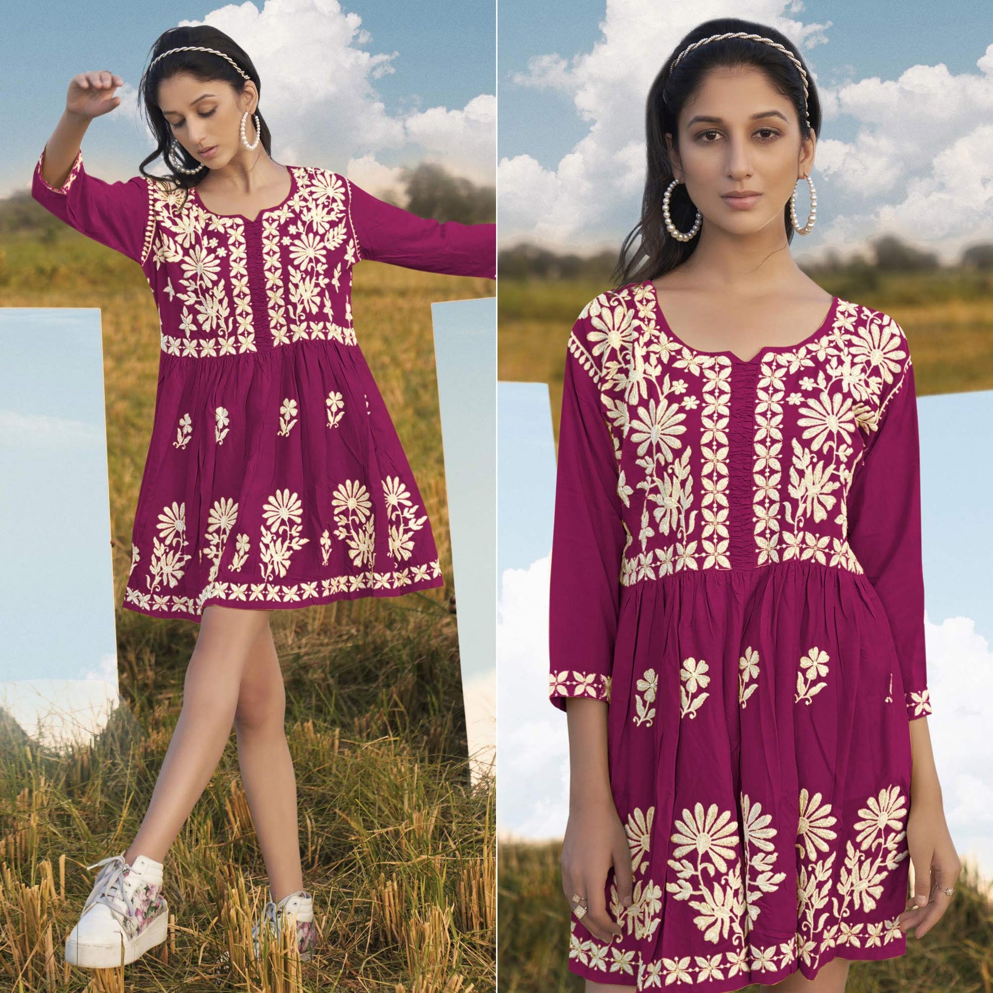 Magenta Pink Lucknowi Embroidered Rayon Tunic
