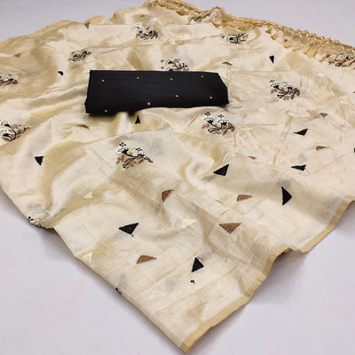 Cream Floral Embroidered Assam Silk Saree