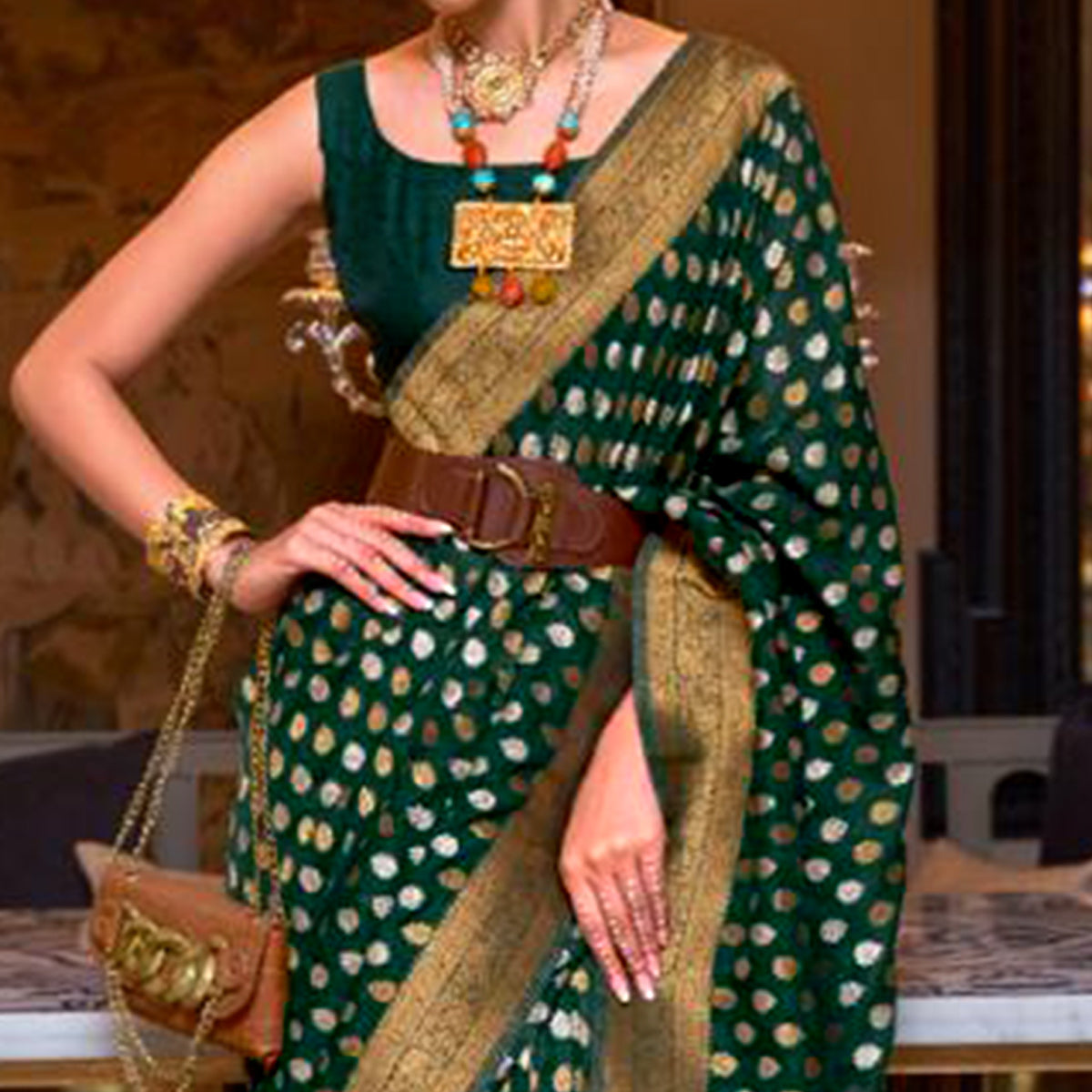 Bottle Green Woven Khadi Silk Saree With Tassels