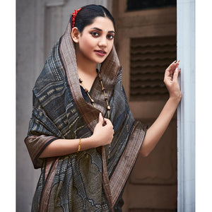 Grey Printed With Woven Border Cotton Saree