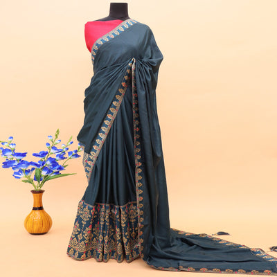 Darkish Blue Woven With Stone Work Art Silk Saree With Tassels