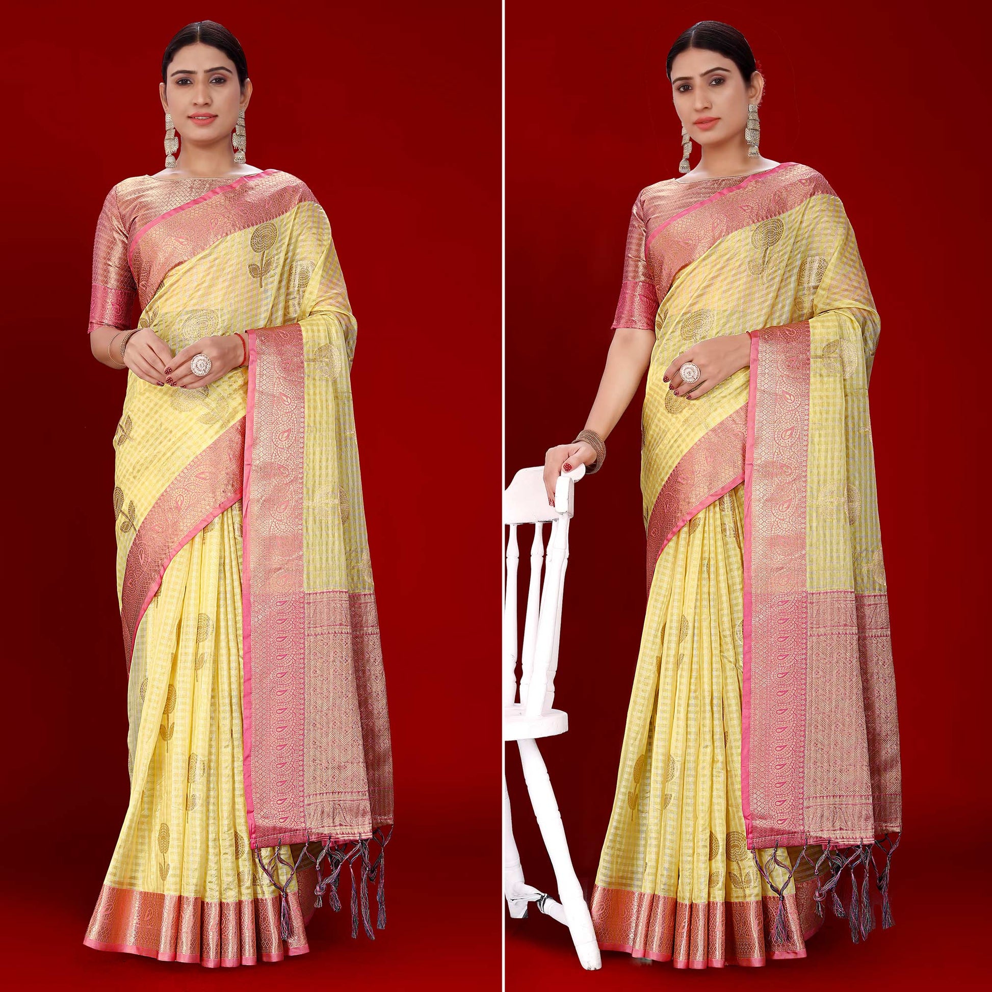 Lemon Yellow Floral Woven Organza Saree With Tassels