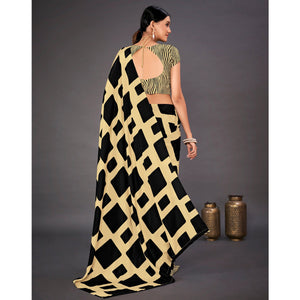 Cream Geometric Printed Crepe Saree