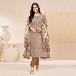 Brown Printed With Tie Embroidered Pure Cotton Suit