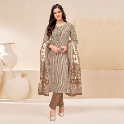 Brown Printed With Tie Embroidered Pure Cotton Suit