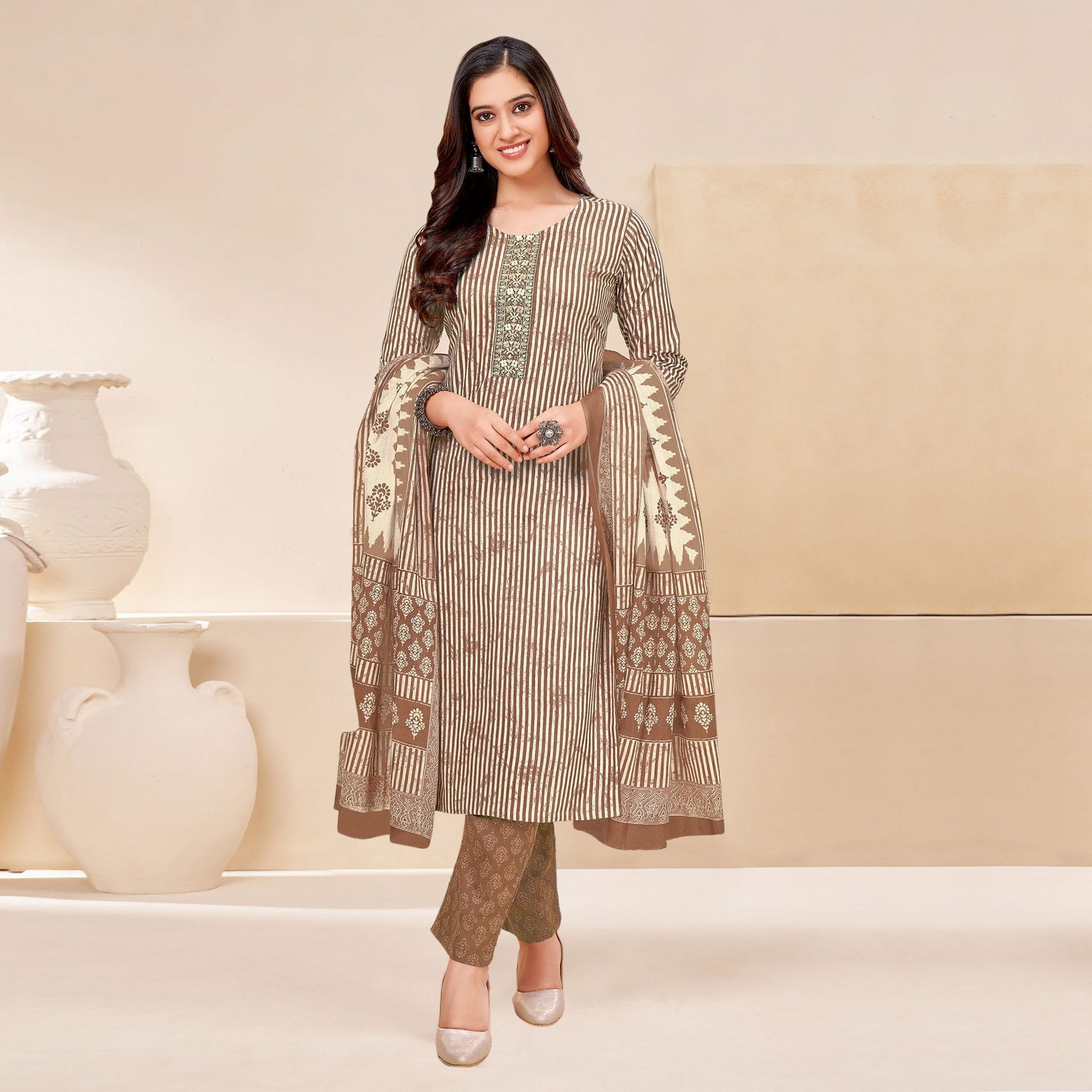 Brown Printed With Tie Embroidered Pure Cotton Suit