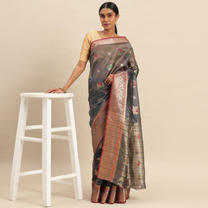 Grey Woven Organza Saree