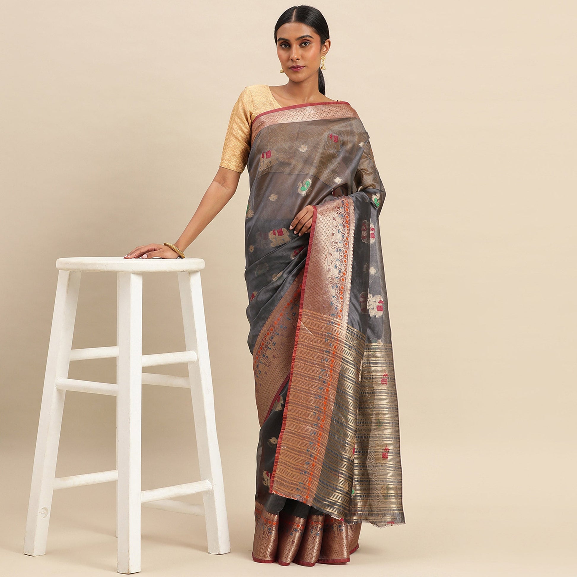 Grey Woven Organza Saree
