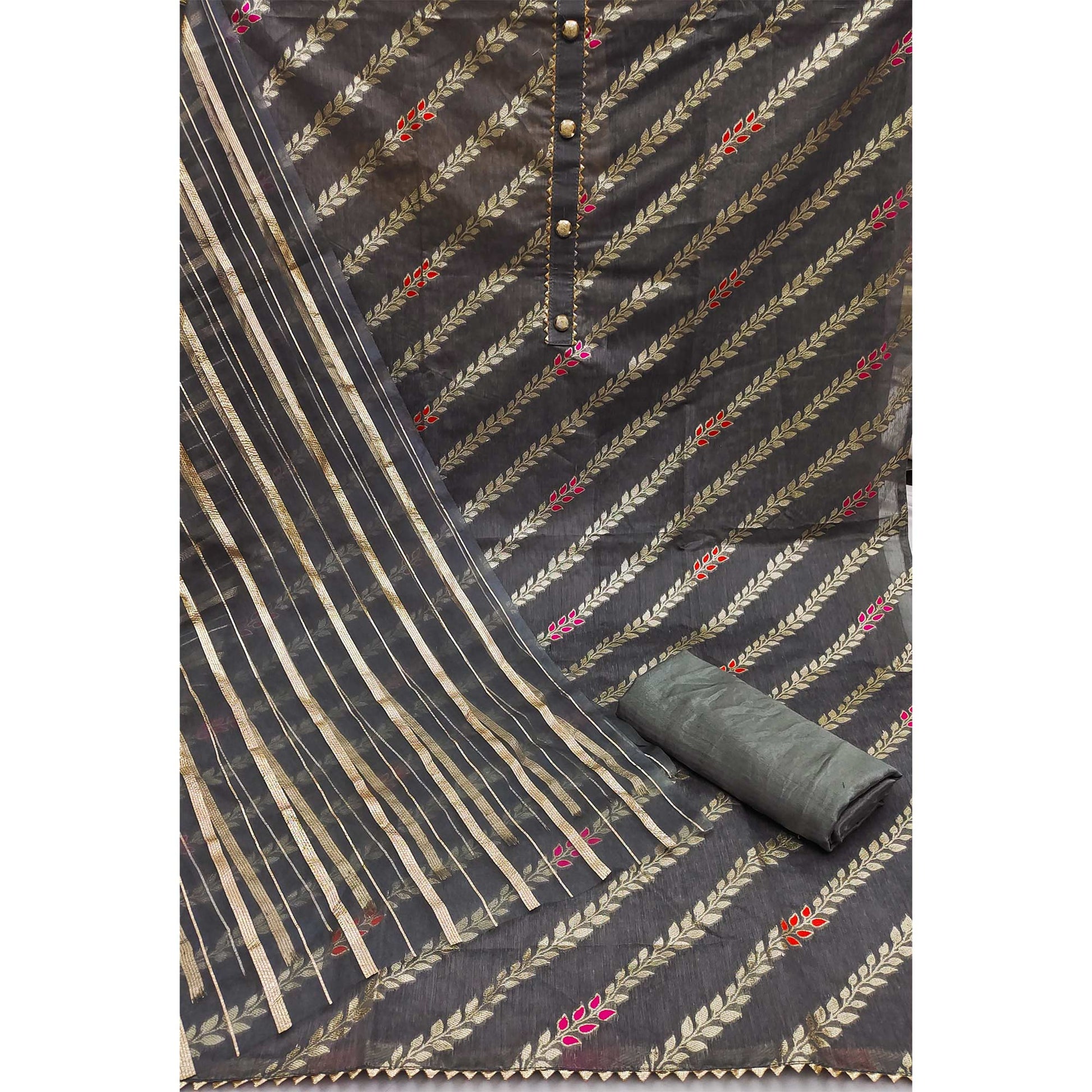 Grey Woven Banarasi Silk Dress Material