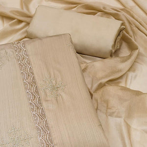Light Chikoo Embroidered Raw Silk Dress Material