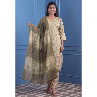 Cream Floral Printed With Embroidered Rayon Suit