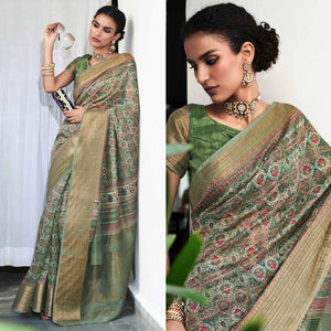 green-digital-printed-linen-saree-2