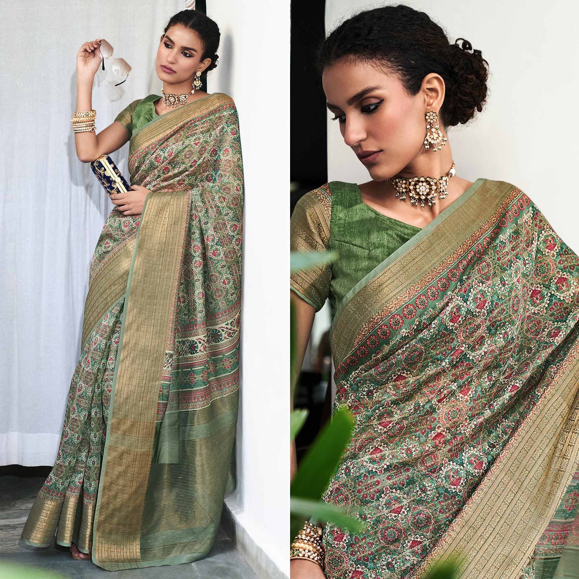 green-digital-printed-linen-saree-2