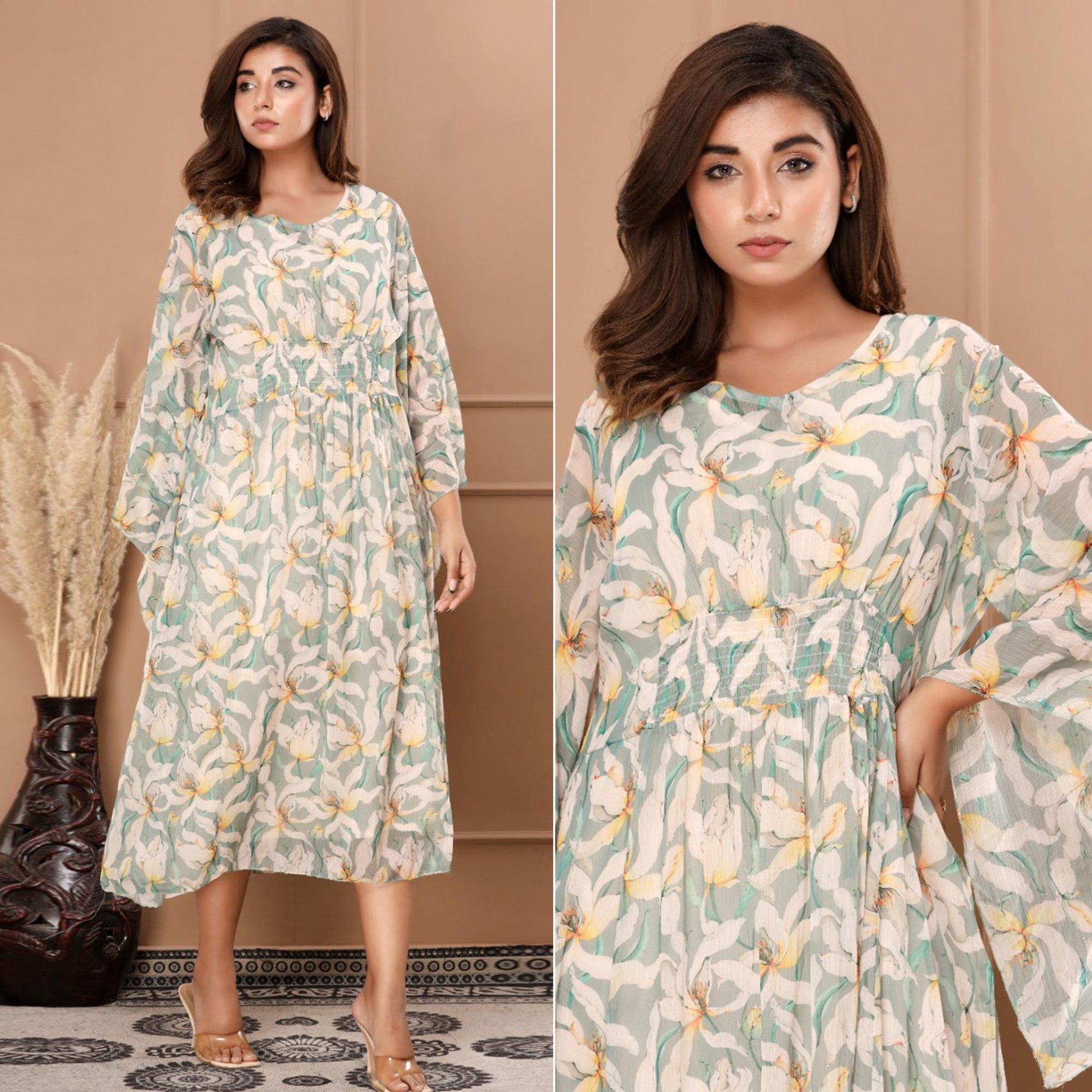 green-floral-printed-chiffon-dress