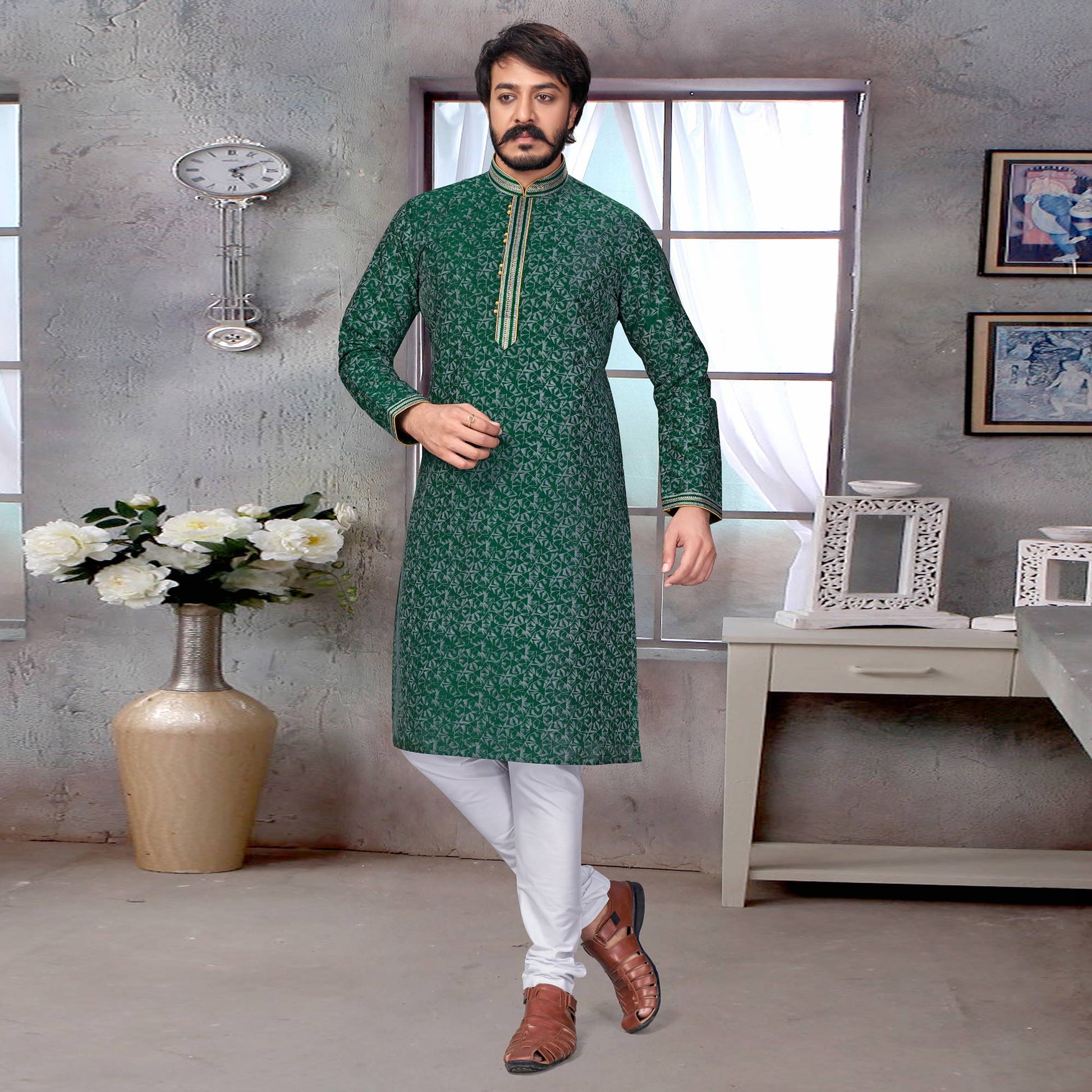 green-printed-jacquard-kurta-pyjama-set
