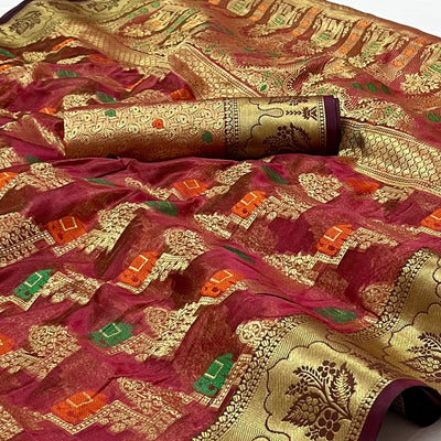 Maroon Woven Organza Saree