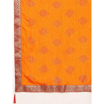 Light Orange Floral Foil Printed Vichitra Silk Saree