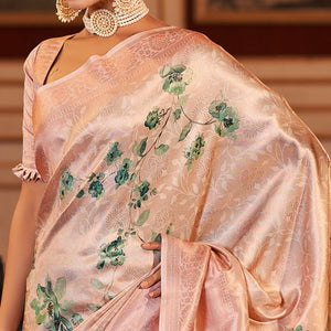 Light Peach Woven Jacquard Saree With Tassels