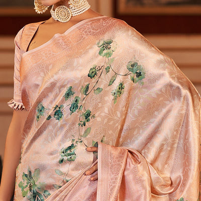 Light Peach Woven Jacquard Saree With Tassels