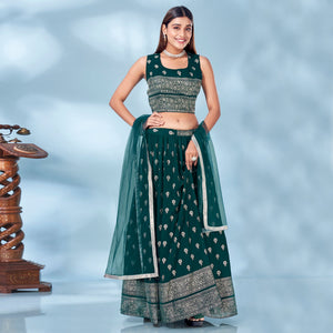 Bottle Green Floral Foil Printed Chiffon Lehenga Choli