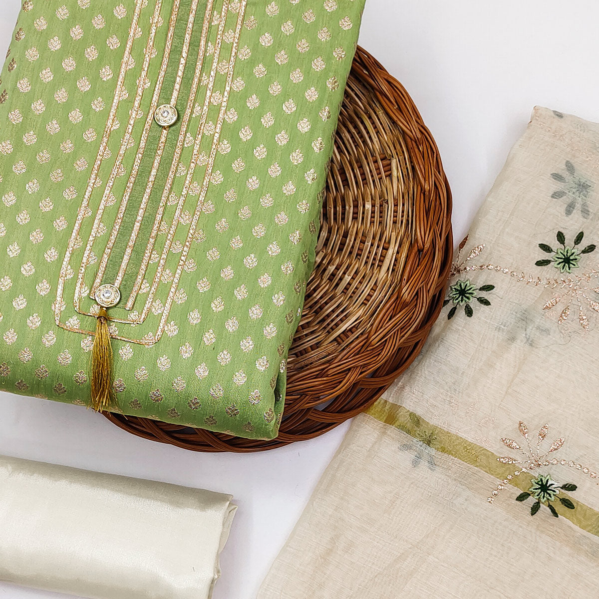 green-woven-chanderi-dress-material