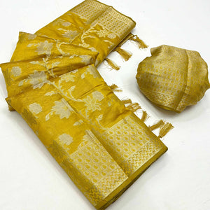 Mehendi Green Floral Woven Organza Saree With Tassels