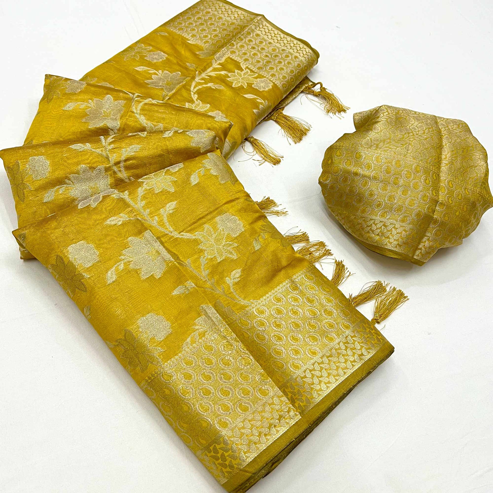 Mehendi Green Floral Woven Organza Saree With Tassels