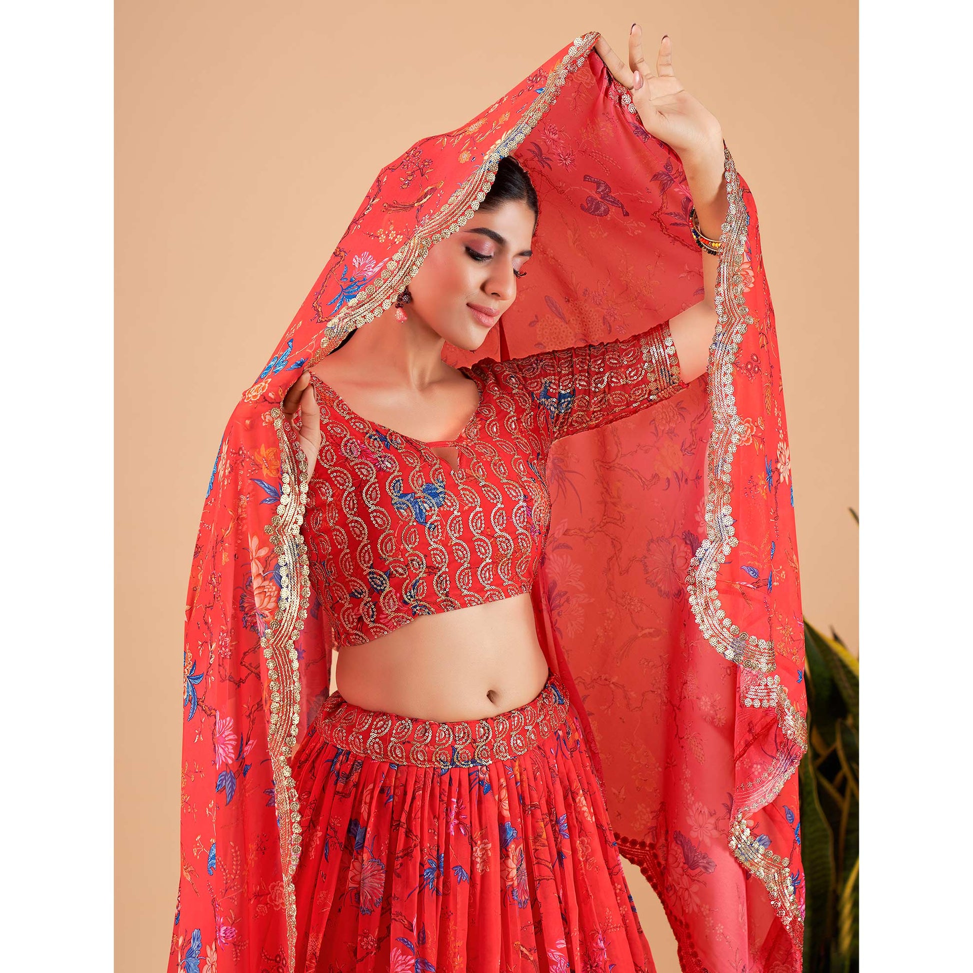 Coral Red Floral Printed And Sequins Work Georgette Lehenga Choli
