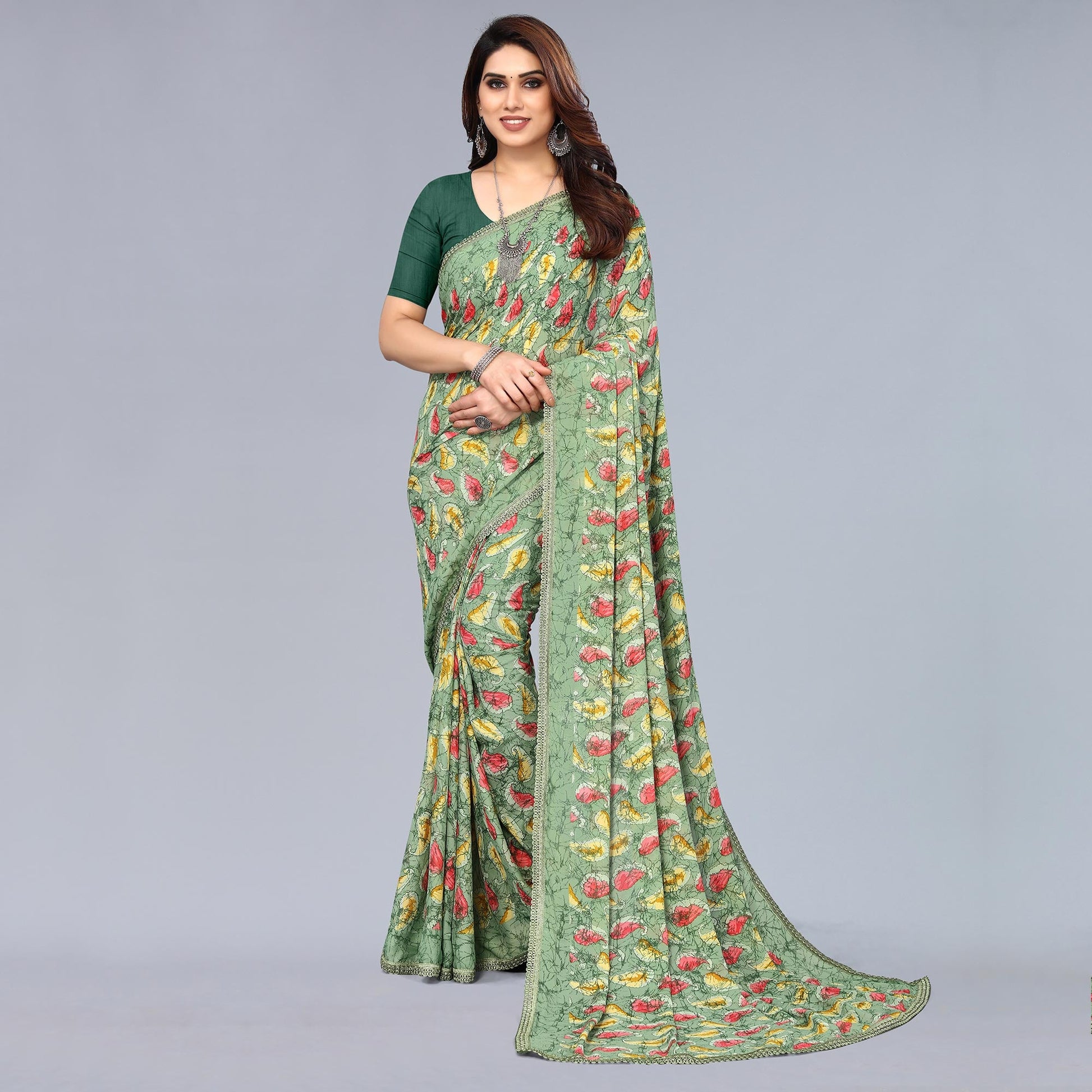 green-printed-georgette-saree-with-crochet-border