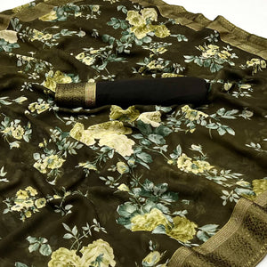 Mehendi Green Floral Printed Georgette Saree